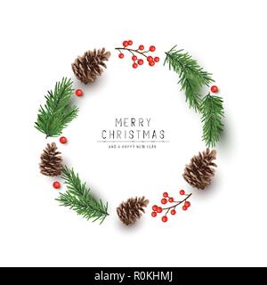 A round shaped Christmas frame made with fir branches, pine cones and red berries. Flat lay vector illustration Stock Vector