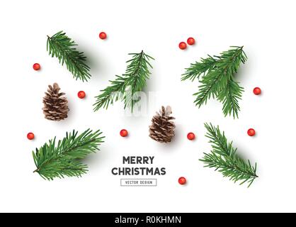 A set of natural christmas decorations for making your own arrangements including red berries, pine branches and cones. Vector top view illustration. Stock Vector