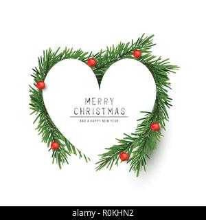 A heart shaped Christmas frame made with fir branches and red berries. Flat lay vector illustration Stock Vector