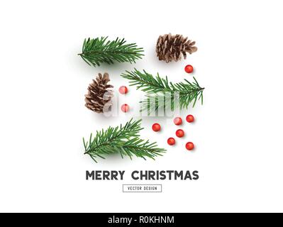 Natural Christmas decorations made with fir branches, pine cones and red berries. Flat lay vector illustration Stock Vector