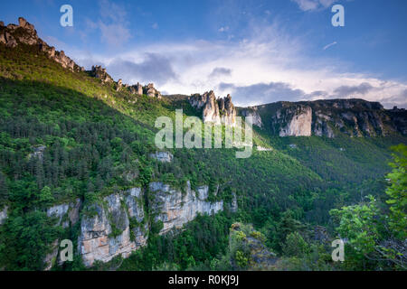 Sunset over the cliffs and valley of the Gorges du Tarn Aveyron France Stock Photo