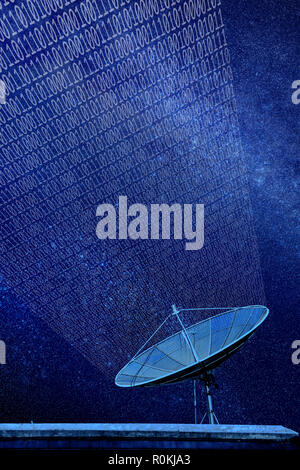 Conceptual image of a satellite dish antenna over night sky with abstract light manipulation and binary code Stock Photo