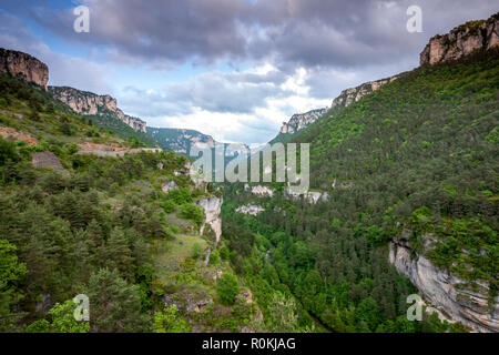 Sunset over the cliffs and valley of the Gorges du Tarn Aveyron France Stock Photo