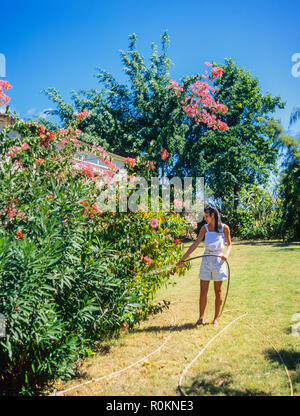 Young woman watering flowers and plants, tropical garden, Guadeloupe, French West Indies, Stock Photo