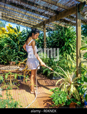 Young woman watering plants, house terrace, tropical garden, Guadeloupe, French West Indies, Stock Photo