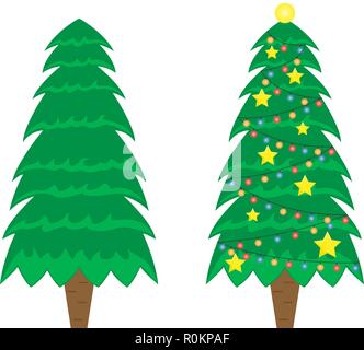 Two vector Christmas trees. Christmas tree before decorating and after with Christmas decorations. Flat isolated illustration. Stock Vector