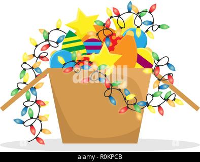 Cardboard box with Christmas decorations and glowing garland. Isolated flat illustration. Stock Vector