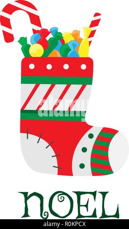 Knitted sock for gifts with sweets, candies, chocolates. Isolated flat illustration. NOEL. Stock Vector