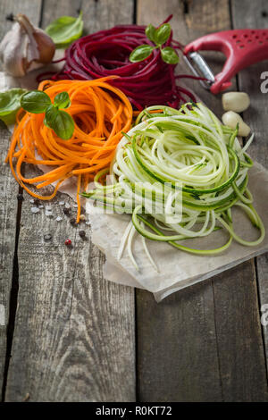 Vegetable noodles - zucchini, carrot and beetroot Stock Photo