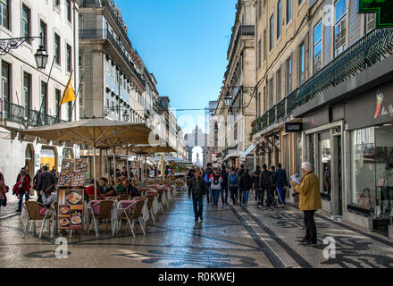 Restaurant in a street, shopping street, Rua Augusta, behind gate Arco da Rua Augusta, Baixa, Lisbon, Portugal Stock Photo