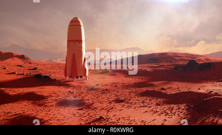 landscape on planet Mars, rocket landing on the red planet's surface Stock Photo