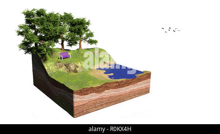 cross section of ground with lake, forest, beach and bench, idyllic park with trees cube concept (3d rendering, isolated on white background) Stock Photo