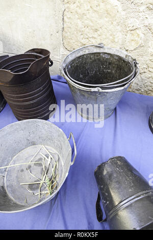 Old metal containers, detail of some old jars and metal cans, classic Stock Photo