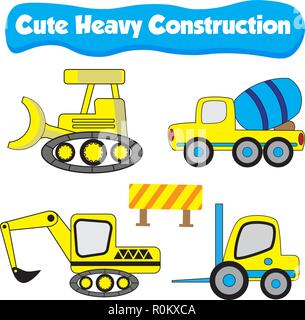 Cute Illustration of a truck for heavy construction with crane, excavator, bulldozer, tractor and truck in flat design for industrial infographic Stock Vector