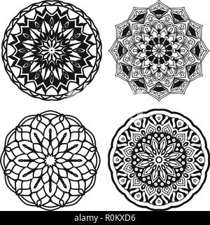 Set of mandalas black and white decorative vintage flowers. Vector illustration. Outline hand drawn. Stock Vector