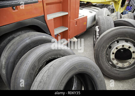 Competition truck wheels, detail of a tire of competition Stock Photo