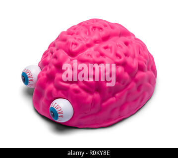 Pink Human Brain with Eyeballs Isolated on White Background. Stock Photo