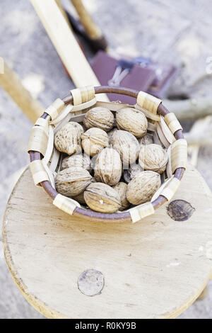 Nuts on a basket, detail about raw nuts, food healthy, healthy food Stock Photo