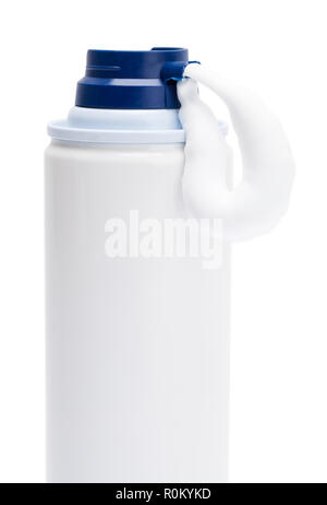Close Up of Can with Shaving Cream and Copy Space Isolated on White. Stock Photo