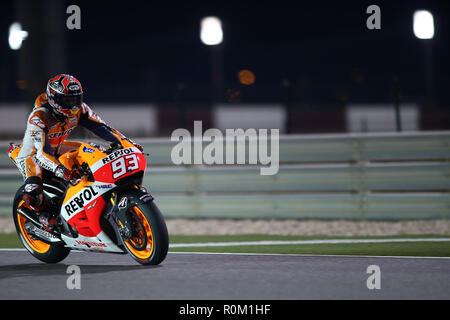 Spanish MotoGP rider Marc Marquez of the Repsol Honda Team steers his bike during a final session of the Moto GP World Championship at the Losail International Circuit. Stock Photo