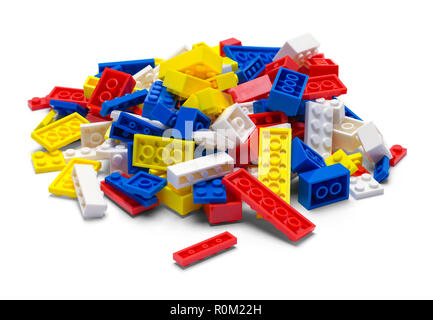 Small Pile of Plastic Toy Blocks Isolated on White. Stock Photo