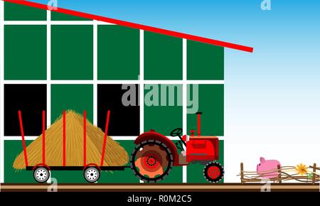 Rural scene. Tractor with hay near the farm. Stock Vector