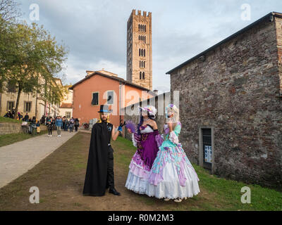 Participants posing for a photo at the Lucca comics & games, an annual comic book and gaming convention in the walled city of Lucca, Tuscany, Italy Stock Photo