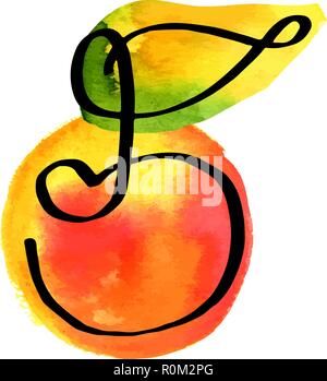 A line drawing of an apple with a watercolor texture, an abstract vector illustration Stock Vector