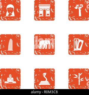 India style icons set, grunge style Stock Vector