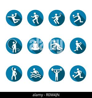 Sport vector icons set, flat fitness logo, emblem of the team and singles games. White badges athlete in a round blue frame with shadow isolated on wh Stock Vector