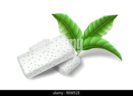 Chewing pads gum with mint leaves isolated. Bubble gums for healthy teeth and fresh breathing. template design for dental hygiene. Vector 3d Stock Vector