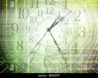 conceptual technology and time image of binary code with clock and abstract lights Stock Photo