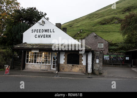 Speedwell Cavern where visitors take a boat ride deep into the former 250 year old lead mine to the Bottomless pit under the surrounding hills near Ca Stock Photo