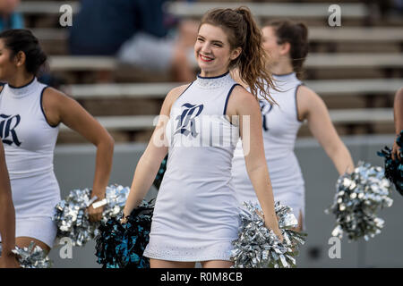 Houston, TX, USA. 3rd Nov, 2018. A Rice Owls dancer smiles during the 4th quarter of an NCAA football game between the UTEP Miners and the Rice Owls at Rice Stadium in Houston, TX. UTEP won the game 34 to 26.Trask Smith/CSM/Alamy Live News Stock Photo