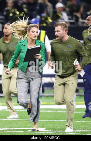 Fox TV reporter Erin Andrews talks to Green Bay Packers' Jamaal Williams  before an NFL divisional playoff football game against the Seattle Seahawks  Sunday, Jan. 12, 2020, in Green Bay, Wis. (AP