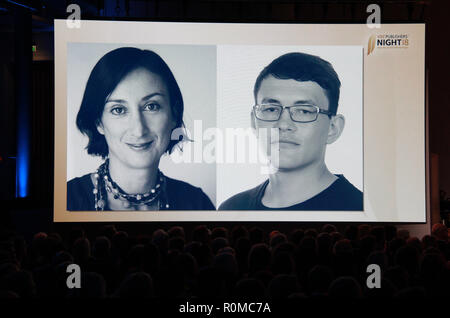 Murdered Slovak journalist Jan Kuciak (right), received the Golden Victoria German media award in the press freedom category in memoriam in Berlin, German, on November 5, 2018. Kuciak, 27, who was shot dead together with his fiancee of the same age, in their Slovak home in February, tried to uncover links between Slovak politicians and mafia. The last article he worked on before his death dealt with the fraudulent activities of Italian businesspeople in east Slovakia, mainly subsidy and VAT frauds. The German Magazine Publishers' Association (VDZ) bestowed the same prize on Maltese reporter Da Stock Photo