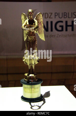 Jozef Kuciak, father of murdered Slovak journalist Jan Kuciak, received the Golden Victoria German media award (pictured) in the press freedom category for his son Jan in memoriam in Berlin, German, on November 5, 2018. Kuciak, 27, who was shot dead together with his fiancee of the same age, in their Slovak home in February, tried to uncover links between Slovak politicians and mafia. The last article he worked on before his death dealt with the fraudulent activities of Italian businesspeople in east Slovakia, mainly subsidy and VAT frauds. The German Magazine Publishers' Association (VDZ) bes Stock Photo