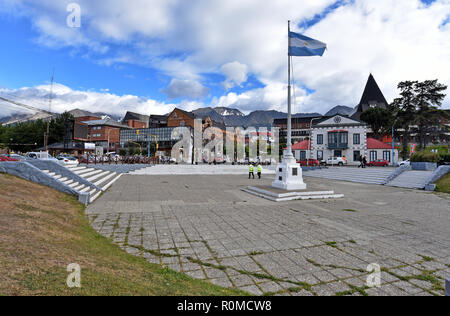 Ushuaia, Argentina. 09th Feb, 2018. A flagpole with the Argentine national flag on the Plaza Cívica Ushuaia with a view into the city centre of Ushuaia. Ushuaia is the capital of the Argentine province Tierra del Fuego ('Tierra del Fuego') and is the southernmost city of Argentina on the Beagle Channel. (to dpa 'Winter games at the end of the world: Tierra del Fuego as Olympic alternative?' from 05.11.2018) Credit: Holger Hollemann/dpa/Alamy Live News Stock Photo