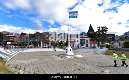 Ushuaia, Argentina. 09th Feb, 2018. A flagpole with the Argentine national flag on the Plaza Cívica Ushuaia with a view into the city centre of Ushuaia. Ushuaia is the capital of the Argentine province Tierra del Fuego ('Tierra del Fuego') and is the southernmost city of Argentina on the Beagle Channel. (to dpa 'Winter games at the end of the world: Tierra del Fuego as Olympic alternative?' from 05.11.2018) Credit: Holger Hollemann/dpa/Alamy Live News Stock Photo