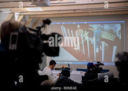 Oldenburg, Germany. 06th Nov, 2018. A secretly filmed video recording from a cattle slaughterhouse is shown at the press conference of the German Animal Welfare Office on possible violations of the Animal Welfare Act in front of press representatives. Credit: Mohssen Assanimoghaddam/dpa/Alamy Live News Stock Photo