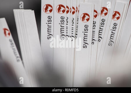 Holzminden, Germany. 23rd Oct, 2018. The 'Symrise' lettering can be seen on test strips. Symrise AG is one of the world's leading suppliers of fragrances and flavors. Credit: Swen Pförtner/dpa/Alamy Live News Stock Photo