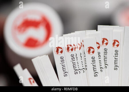 Holzminden, Germany. 23rd Oct, 2018. The 'Symrise' lettering can be seen on test strips. Symrise AG is one of the world's leading suppliers of fragrances and flavors. Credit: Swen Pförtner/dpa/Alamy Live News Stock Photo