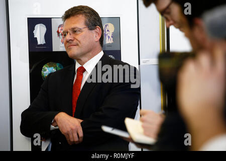 Brussels, Belgium. 6th Nov. 2018. EU Commissioner Maros Sefcovic speaks to the press ahead of the S&D Group meeting at the European Parliament. Alexandros Michailidis/Alamy Live News Stock Photo