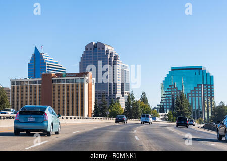 September 23, 2018 Sacramento / CA / USA - Sacramento skyline as seen when driving on the freeway close to the downtown area Stock Photo