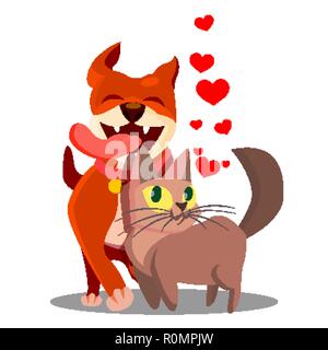 Cat With Dog In Love With Flying Hearts Vector. Illustration Stock Vector