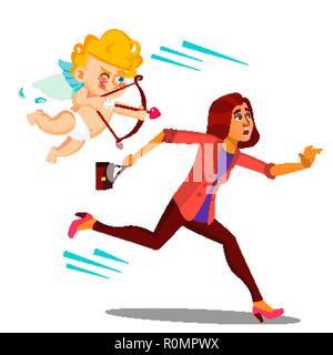 Frightened Woman Running From Valentine s Day Cupid Vector. Illustration Stock Vector