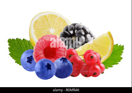 Flying fresh berries and lemon isolated on white background Stock Photo