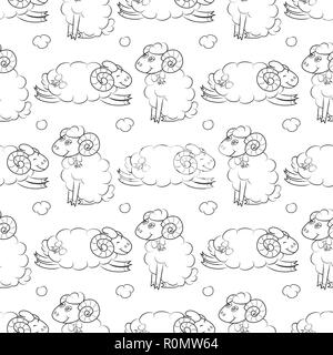Fluffy sheep flying in the sky with clouds. Baby Wallpaper. Vector illustration. Seamless pattern background. Stock Vector