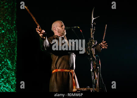 Saint Petersburg, Russia - October 31 2018: Einar Selvik performing with Norwegian music band Wardruna at the Ice Palace arena. Stock Photo