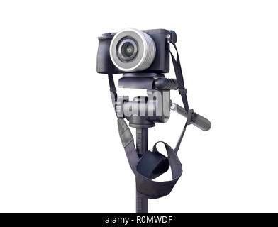 Digital camera on the tripod isolated over white Stock Photo